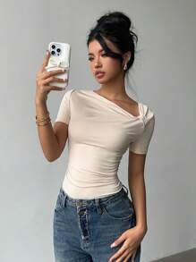 Siren Gaze Women Oblique Collar Short Sleeve T-Shirt, Summer New Design Fitted Casual Top