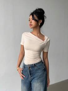 Siren Gaze Women Oblique Collar Short Sleeve T-Shirt, Summer New Design Fitted Casual Top