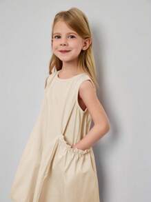 SHEIN X Scheana Maija Kids Maija Kids 年轻女孩宽松荷叶边口袋短款休闲连衣裙 - 杏色 - 查看 4