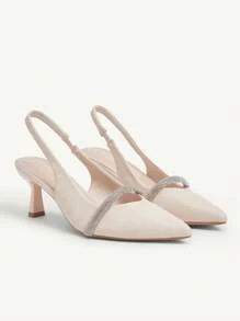 CUCCOO CHICEST 女士尖头水钻链镂空细高跟鞋，优雅中跟正装鞋，经典米色高跟鞋，适合工作、约会、聚会、正式场合