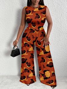 Slaydiva Plus Size Zomer Camouflage Print Wijde Pijpen Jumpsuit