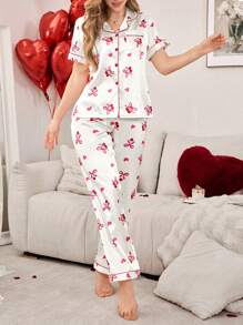 Conjunto de pijama de mujer con estampado de lacitos y cerezas, de seda sintética, con abertura frontal y cuello solapa