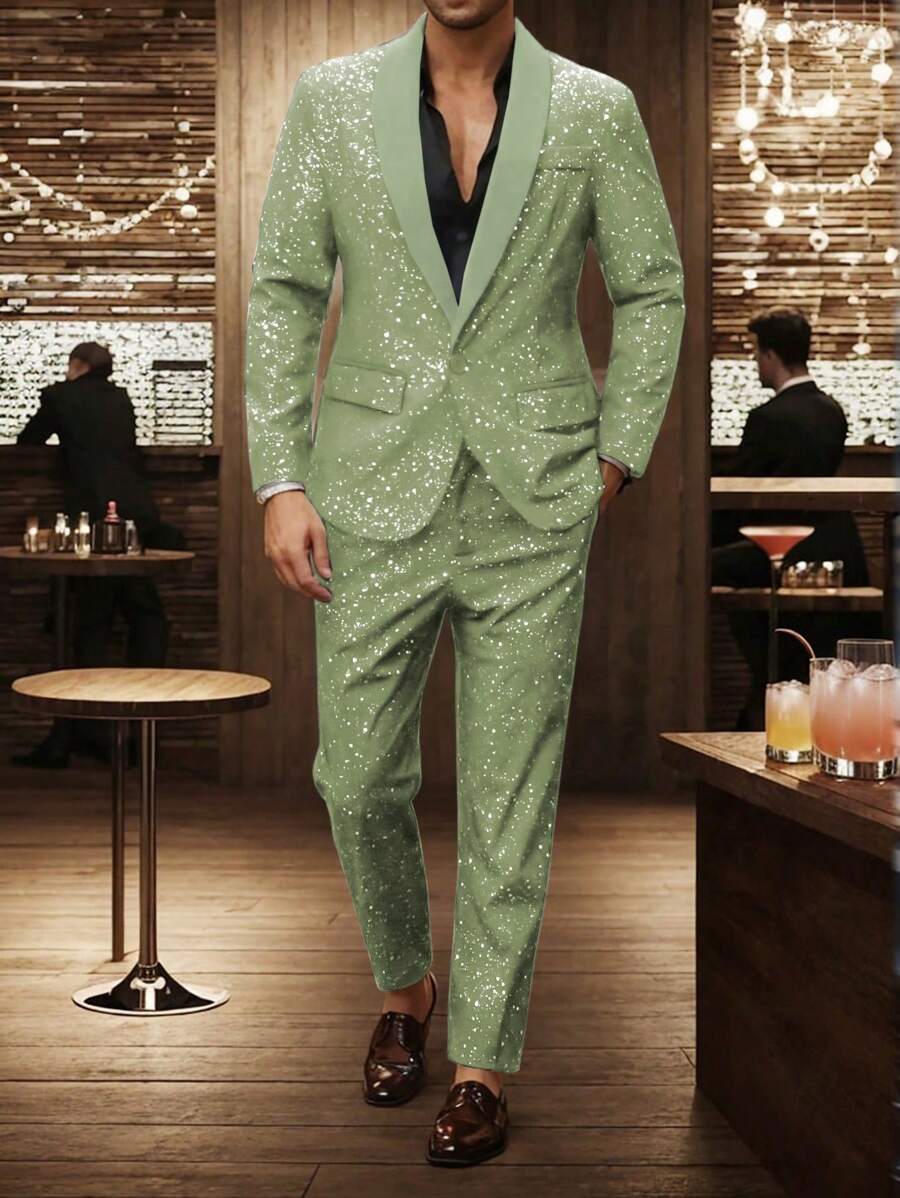 Manfinity AFTRDRK Manfinity Mode 西装套装：长袖夹克和裤子，闪亮简约休闲装，适合日常穿着、男友礼物、情人节男士 - 薄荷綠 - 查看 1