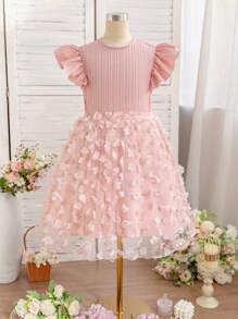SHEIN Glamorique Kids Girls' Princess Dress With 3D Floral Textured Fabric And Tiered Mesh Cap Sleeves Pretty Dress For Girl Toddler Dress For Wedding Tween Girls Flower Dress Young Girls Floral Dress Rose Dresses For Girls Party Dresses For Kids Birthday Dresses For Girls Flower Party Dress For Girls