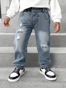 Infant/Toddler Boys Casual Denim Jeans, Comfortable Versatile Streetwear, Lightweight For Spring/Autumn - Light Wash - View 1