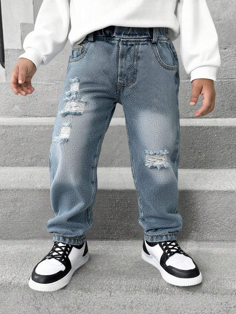 Infant/Toddler Boys Casual Denim Jeans, Comfortable Versatile Streetwear, Lightweight For Spring/Autumn - Light Wash - View 1