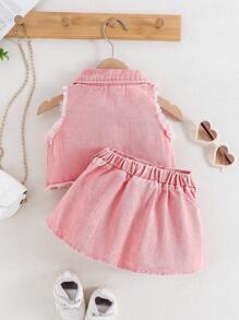 SHEIN Playful Pals 女婴时尚、优雅、别致的做旧蓝色牛仔上衣+配套半裙夏季套装 - 粉色 - 查看 2