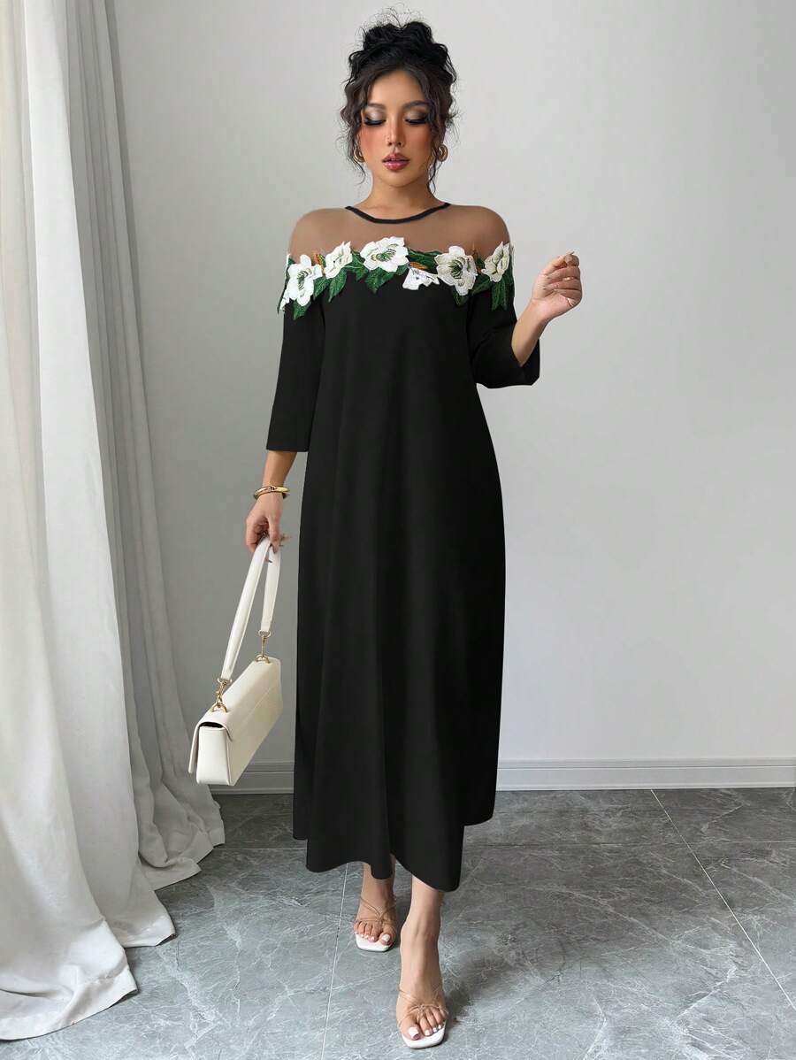 Elenzga فستان نسائي أنيق مزين بقطع شبكي مطرز بالأزهار - طراز أزهار عشوائي