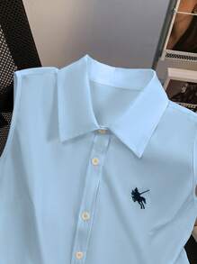 GlowEve 女士骑士印花单排扣无袖通勤衬衫 - 藍色 - 查看 4