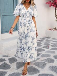 Breezaya 女士 V 领蝙蝠袖夏季休闲度假蓝白瓷印花连衣裙 - 淺灰色 - 查看 4