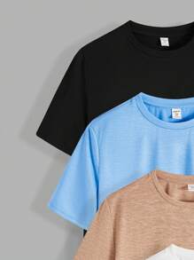 SHEIN Set de 4 camisetas de manga corta de punto holgadas de cuello redondo en color liso para adolescentes
