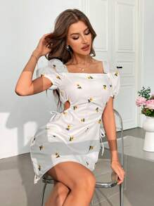 SHEIN Frenchy Plus Size Women's Yellow Embroidered Princess Sleeve Short A-Line Dress, Suitable For Valentine's Day - White - View 6