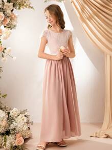 女孩优雅粉色圆领花卉荷叶边长款网眼覆盖派对礼服，适合舞会、约会之夜、婚礼、生日礼物 - 粉色 - 查看 6