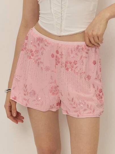 Poéselle 女士优雅纯色亮片松紧腰短裤