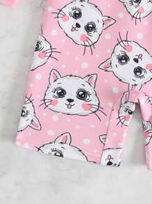 SHEIN Baby Girl Cartoon Cat Print Raglan Sleeve One-Piece Swimsuit With Shorts