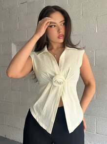 Firerie Damen elegante, einfache apricotfarbene V-Ausschnitt Blumen-Plissee-ärmelloser figurbetonter Bluse, geeignet für Pendeln, Nachmittagstee, Alltagstragen, Sommer