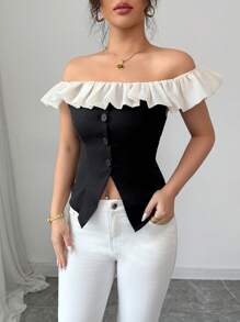 SHEIN Clasi Women's Casual Short Off-Shoulder Business Shirt, Suitable For Holiday, Back To School, Eid Al-Fitr, Music Festival, Summer - Black - View 5