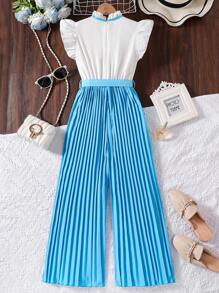 SHEIN Girls Ruffle Trim Cap Sleeve Blouse With Bowknot And Pleated Jumpsuit - Blue - View 2