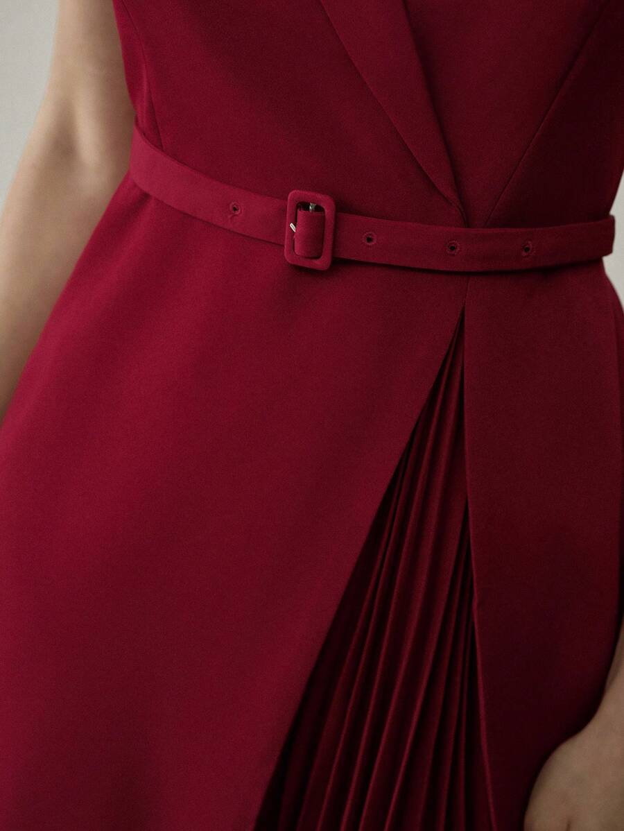 MOTF PREMIUM 優雅短袖對比褶皺裙 - 紅色 - 查看 2