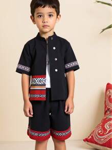 Young Boy Khaki National Day Abaya Kaftan Jalabiya Tunic Festival Traditional Totem Retro Print Patchwork Contrast Color Short Sleeve Button-Up Shirt + Black Shorts 2pcs Set, Modest & Comfortable Suitable For Party, Family Gathering - Black - View 3
