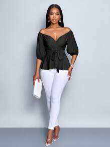 SOLERSUN 露肩优雅性感休闲办公室商务波西米亚花卉印花衬衫秋季上衣秋冬感恩节返校教师 - 黑色 - 查看 5