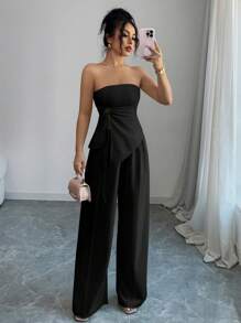 Elenzga 优雅浪漫荷叶边抹胸收腰女式连衣裙