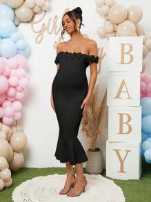 Loomaby Maternity Dress With 3D Floral Off Shoulder Design, Suitable For Gender Reveal Party And Baby Shower - Black - View 5