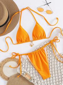 Swim SXY Set de 2 piezas de bikini de mujer con cuello de corbata metálico, en unicolor elegantes y sexys de estilo vintage