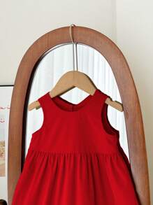 SHEIN LMoss Kids 女婴可爱优雅红色蝴蝶结装饰夏季连衣裙 - 紅色 - 查看 5