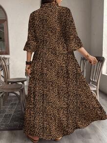 SHEIN LUNE 大码休闲简约优雅百搭豹纹图案连衣裙，适合春夏季 - 棕色 - 查看 2