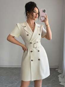 Selianne Blazer Collar Buckle Belt Waist Double-Breasted Puff Sleeve Dress