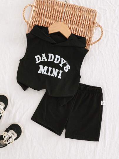 SHEIN Playful Pals Unisex babypojke/flicka nyfödd-1 år "Daddy's Mini" söt aprikosfärgad ärmlös huvtröja och shorts set, lämplig för baby att bära vid alla tillfällen under sommaren sommarkläder sommarkläder pojke babyset sommarkit