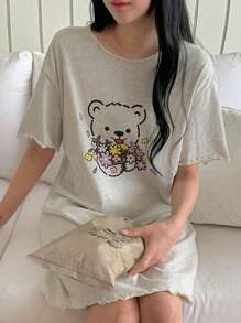 DAZY Camisón de mujer con estampado de oso de dibujos animados de manga corta, para invierno