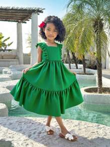 SHEIN Vestido de verano de nueva moda para vacaciones de playa, vestido largo con tirantes de lazo y espalda descubierta con mangas de campana para niñas y adolescentes, dulce y suave vestido para viaje a la playa