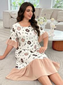 SHEIN Plus Size Women's Cartoon Bear & Letter Print Color Block Ruffle Trim Chiffon Nightgown, Moo Moo Sleep Dress - Multicolor - View 5