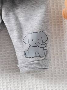 SHEIN Newborn Baby 2‑Piece Outfit, 3D Cartoon Elephant Shoulder Snap Long Sleeve Top & Jogger Pants Set, Infant Casual Tracksuit - Grey - View 8