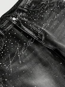 ROMWE MEN Street Life Men's Rhinestone Distressed Denim Shorts Jorts, Minimalist & Fashionable, Suitable For Summer