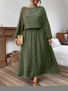 Linhara 2pcs Plus Size Set: Long Sleeve Solid Top And Skirt - Green - View 3