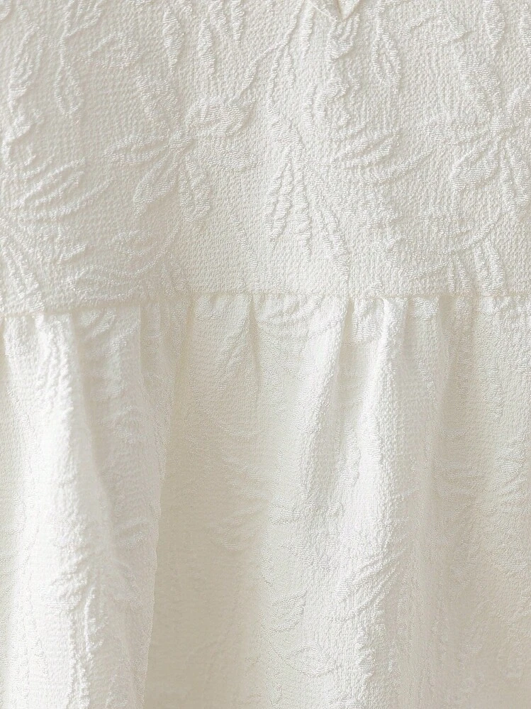 SHEIN Vestido Princesa Cintura Alta com Babado no Colarinho, Textura Jacquard de Cor Sólida, Manga Curta, Elegante para Meninas, Adequado para Viagem, Férias, Festa, Presente de Aniversário, Verão - Branco - Visão 5