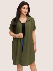 SHEIN LUNE Áo sơ mi dài tay ngắn màu trơn cỡ lớn cho nữ thanh lịch giản dị công sở thường ngày cho phụ nữ mùa xuân cho phụ nữ mùa hè cho phụ nữ dễ thương áo mùa hè châu Âu mùa hè - xanh quân đội - Xem 4
