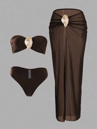 Swim Oasis 3 Pieces Beach Outfit For Women: Halter Two Pieces Swimwear, Sheer Maxi Skirt, Sexy Yet Elegant White Color With Gold Decorative Accessories, Backless Design, Summer Vacation Style