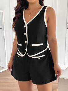 SHEIN Frenchy Bộ 2 món vải tuýt thanh lịch tối giản cỡ lớn dành cho nữ - Đen và trắng - Xem 4