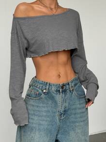 StreetHx 性感不对称领口短款上衣，简约设计，适合夏季 - 淺灰色 - 查看 3