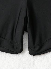 SHEIN Women 2 Pieces Black Solid Pleated Flared Top And Shorts Elegant Bikini Set, Beach Summer Outfits - Black - View 7