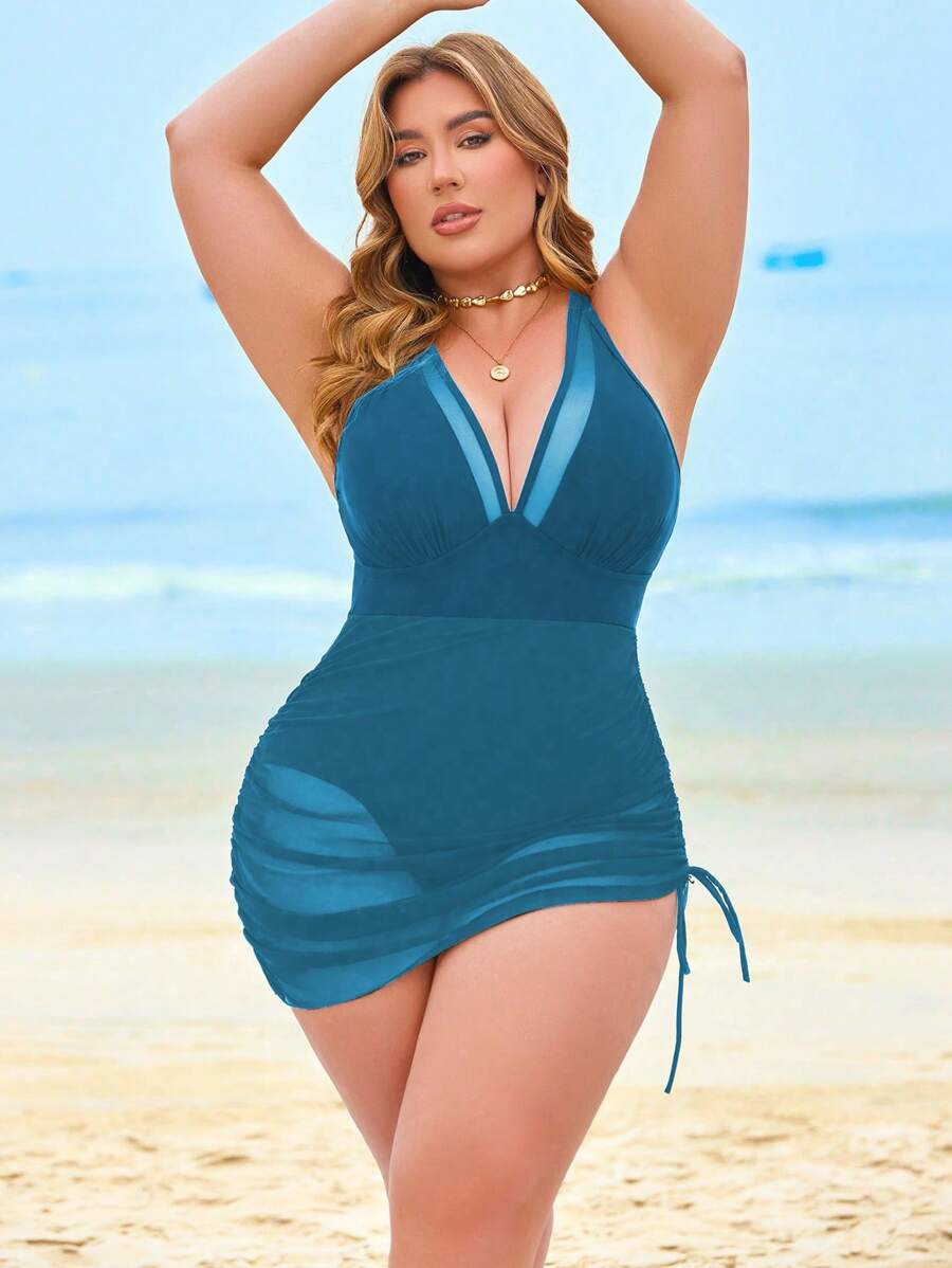 Swim Lushoire 1 件黑色网眼拼接加大码可调节连体泳衣连衣裙，适合夏季海滩度假 - 黑色 - 查看 1