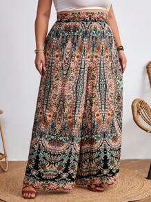 SHEIN CURVE+ Plus Size Bohemian Pants: High-Waisted Wide Leg Paisley Floral Printed Pants,Flowy Pants Boho Vacation