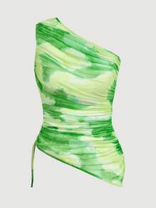 GENKIRA Top de malla con un hombro, cordón y fruncido lateral, estampado de teñido anudado - Verde - Ver 1