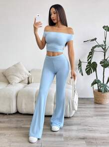 SHEIN EZwear 2pcs/Set Women Off Shoulder Solid Color Short Sleeve Top And Flared Leg Pants