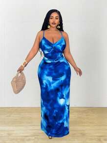 Veslaya Đầm bodycon xẻ tà dự tiệc in họa tiết xoắn thanh lịch & lãng mạn cỡ lớn cho nữ - Màu xanh lam - Xem 5