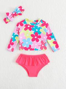 Conjunto de traje de baño de niña/niña pequeña con camiseta de manga larga con estampado floral y pantalones cortos, con diadema, protección solar de verano para la playa - Multicolor - Ver 5